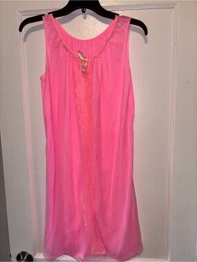 Vintage 60s Hot Pink Lace Sheer Chiffon Nightgown Mini Sleeveless Small
